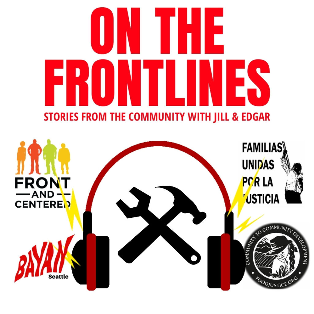 Graphic for On the Frontlines podcast featuring headphones, tools, and logos.