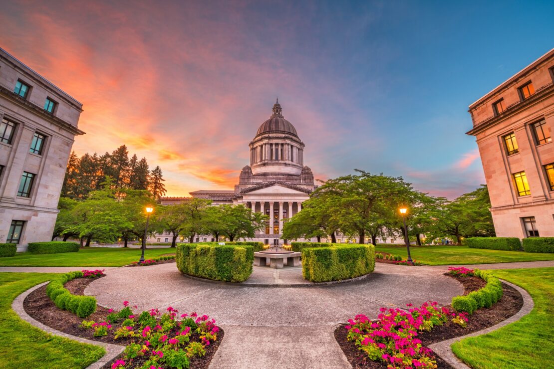 The capitol building in Olympia, Washington at sunset.